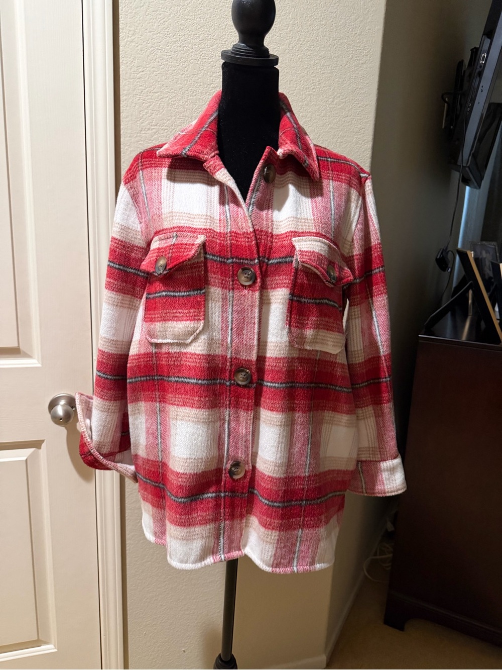 Westbound Red & Cream Plaid Button-Front Utility Shacket